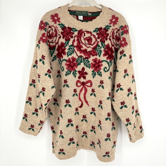 Vintage Dana Scott Pullover Sweater Knit Floral Bow Pattern Beige Red USA Size L - Picture 2 of 11